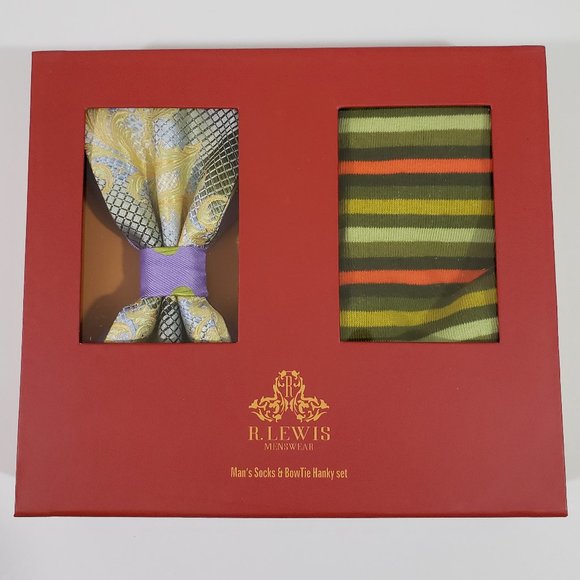 Robert Lewis Olive Bow Tie Hanky Socks Box 3 Set - Picture 5 of 7